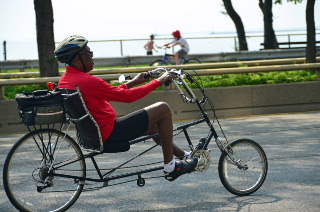 A comfortable looking recumbent bike along Lake Michigan